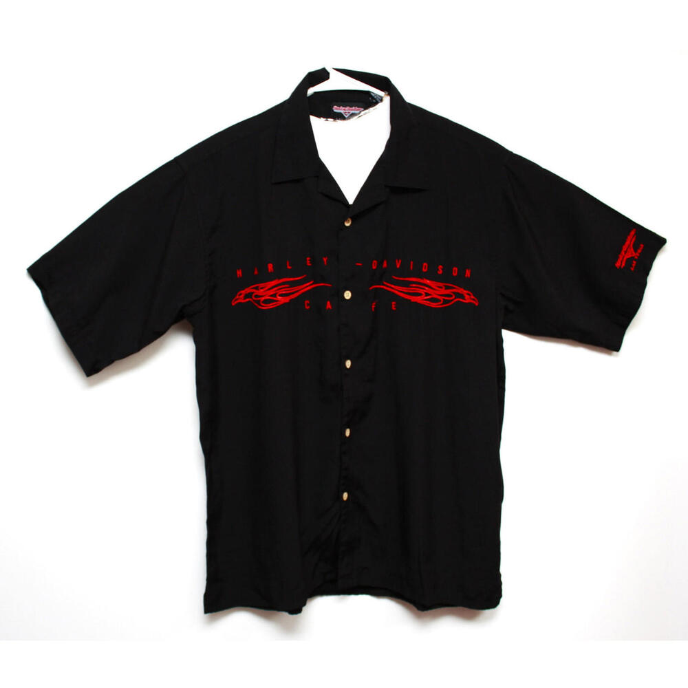 Harley-Davidson Cafe Mens Black Short Sleeve Button Up Motorcycle Shirt Sz XL